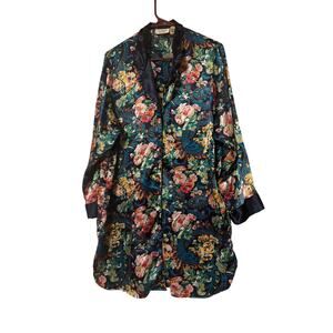 Victoria’s Secret Gold Label Night Shirt Robe Medium Button Front Floral Navy